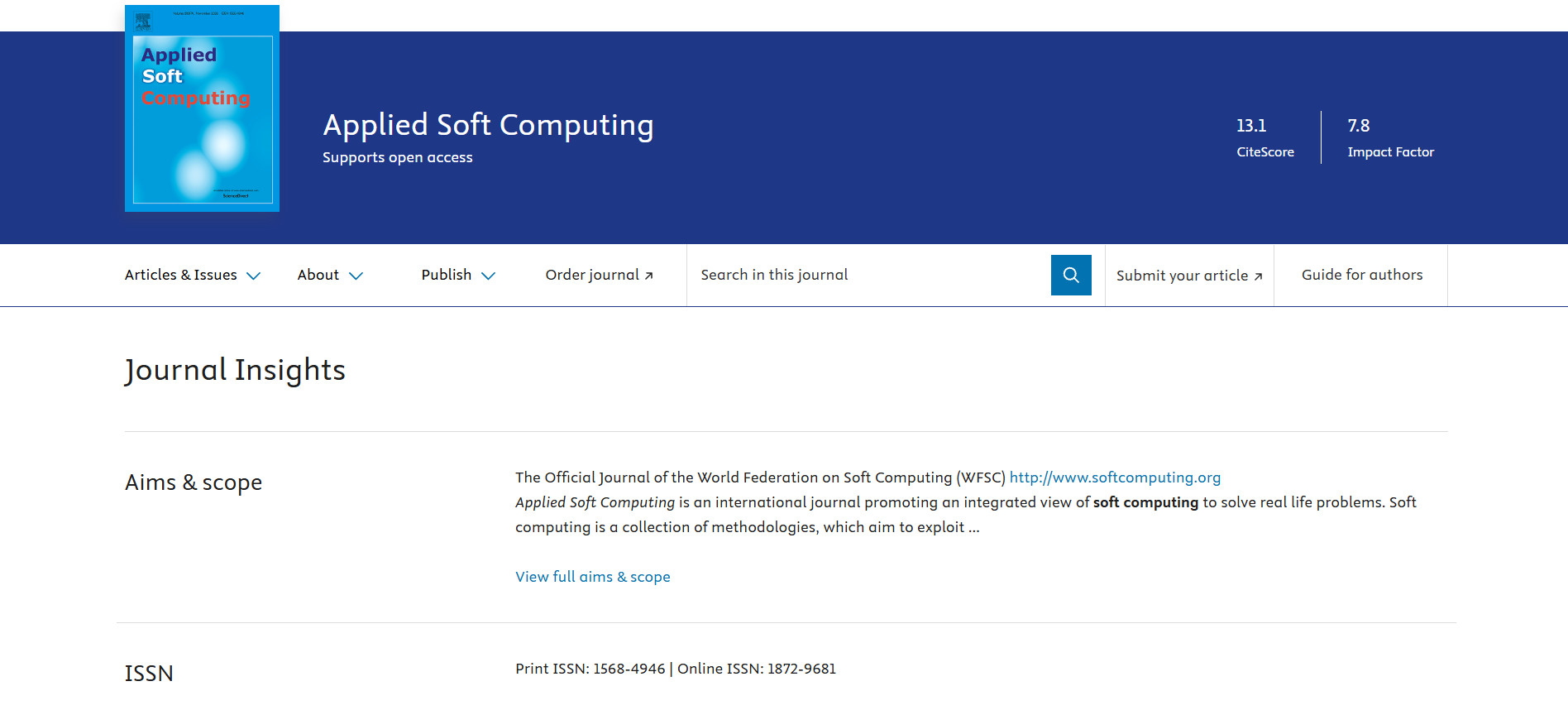 نمونه صفحه ژورنال Applied Soft Computing و نمایش Print ISSN و Online ISSN