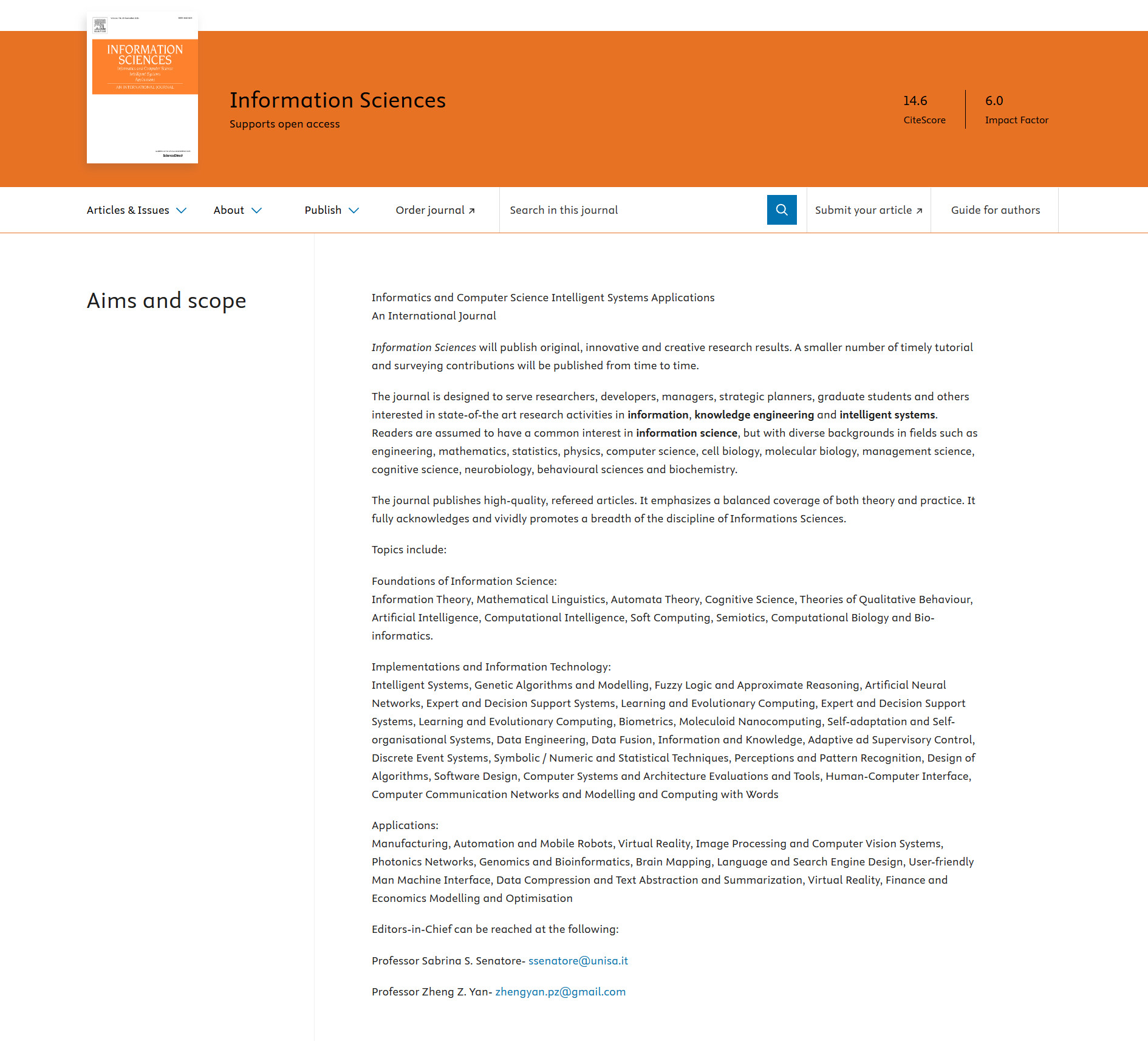 صفحه Aims and Scope ژورنال Information Sciences