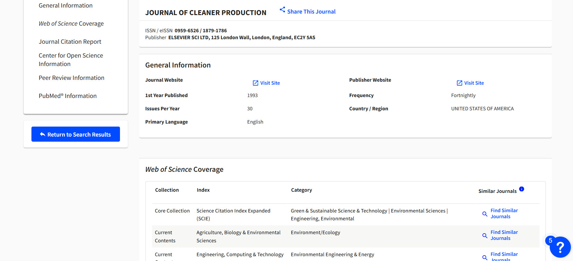 بخش General Information و Coverage در صفحه اختصاصی مجله در Master Journal List