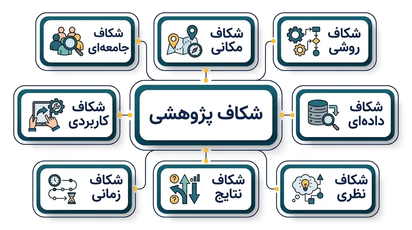 انواع شکاف پژوهشی شامل شکاف جامعه‌ای، مکانی، روشی، داده‌ای، نظری، نتایج، زمانی و کاربردی